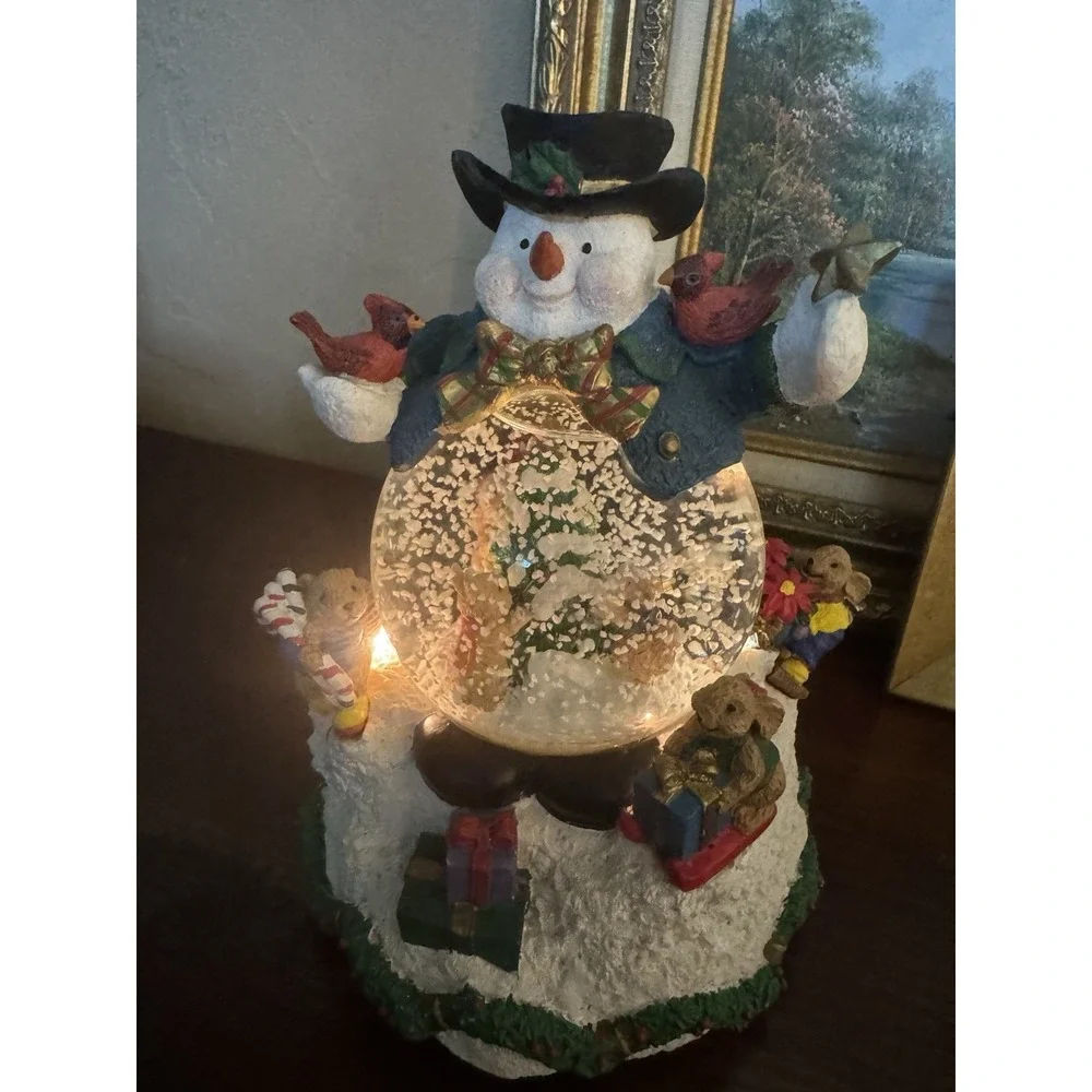 Vintage Three Jay's Musical Snowman Snow Globe Bunnies & Bears Woodland Holiday